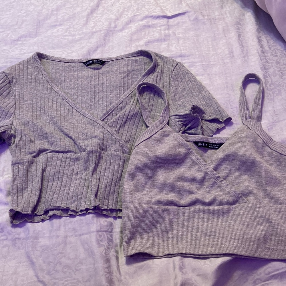 grey tank top and crop top . size xs . duo